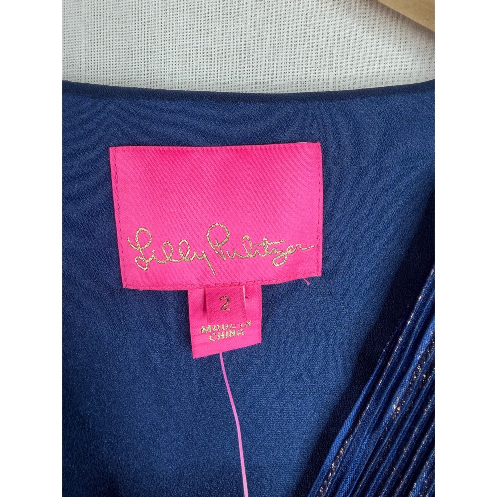 New Lilly Pulitzer Jessamie Foil Crinkle Long Sleeve Dress size 2 Navy Blue - Picture 2 of 9